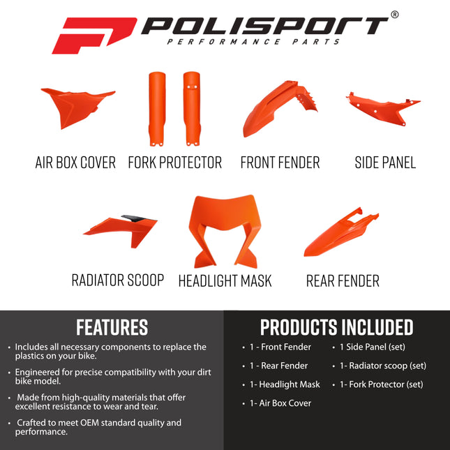 Polisport 91639 Full Plastic Kit with Mask – Fits KTM EXC/EXC‑F/XC‑W/XC‑FW 2024→ – Complete Bodywork Set with Fenders, Shrouds, Side Panels, Fork Protectors, Airbox Cover – Orange
