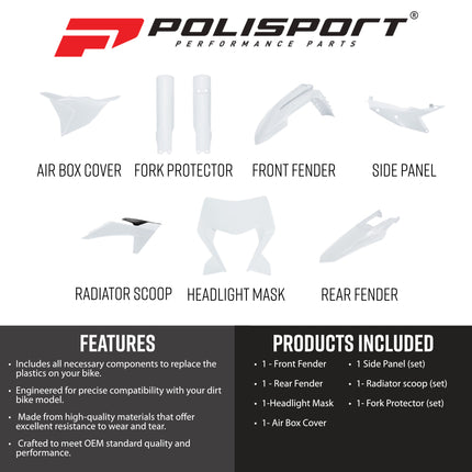Polisport 91640 Full Plastic Kit with Mask – Fits KTM EXC/EXC‑F/XC‑W/XC‑FW 2024→ – Complete Bodywork Set with Fenders, Shrouds, Side Panels, Fork Guards, Airbox Cover – White