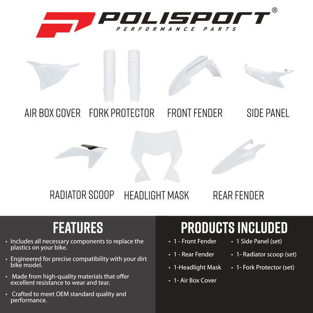 Polisport 91640 Full Plastic Kit with Mask – Fits KTM EXC/EXC‑F/XC‑W/XC‑FW 2024→ – Complete Bodywork Set with Fenders, Shrouds, Side Panels, Fork Guards, Airbox Cover – White