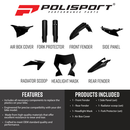Polisport 91641 Full Replica Plastic Kit for KTM EXC / EXC-F / XC-W / XC-FW 2024-2026 - Custom Dirt Bike Bodywork - Black (Fenders, Scoops, Side Panels, Airbox Cover, Headlight Mask, Fork Guards)
