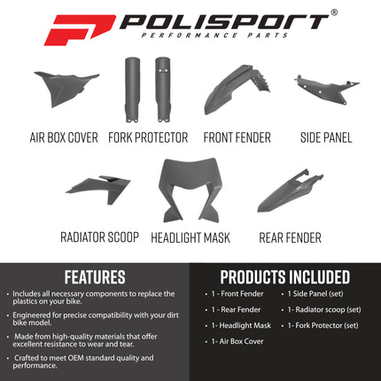 Polisport Motocross (MX) Full Plastic Kit for KTM EXC/EXC-F/XC-W/XC-FW (2024->) - Dirt Bike - OEM Quality, Durable Gloss Polypropylene (DGP), Flexible & Perfect Fit - Nardo Grey