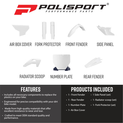 Polisport 91643 Full Plastic Kit – Fits Husqvarna TC/FC 2025→ – OEM‑Style Bodywork with Fenders, Panels, Radiator Scoops, Number Plate, Airbox Cover & Fork Guards – White