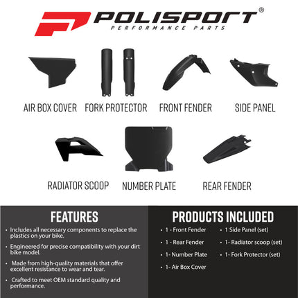 Polisport 91644 Full Replica Plastic Kit for Husqvarna TC/FC 125-450 2025-2026 - Custom Dirt Bike Bodywork - Black (Fenders, Scoops, Side Panels, Number Plate, Airbox Cover, Fork Guards)