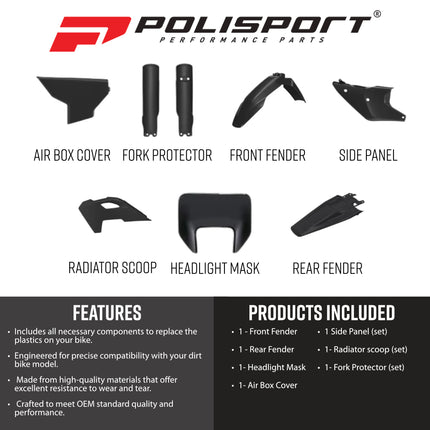 Polisport 91648 Full Plastic Kit with Mask – Fits Husqvarna TE/FE 2024> – Complete Replacement Bodywork Set with Fenders, Radiator Scoops, Side Panels, Fork Guards, Airbox Cover – Black