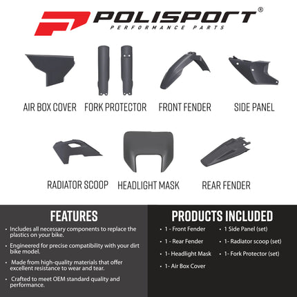 Polisport 91649 Full Plastic Kit with Mask – Fits Husqvarna TE/FE 2024→ – Complete Bodywork Set with Fenders, Shrouds, Side Panels, Fork Guards, Airbox Cover – Nardo Grey