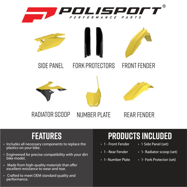 Polisport 91654 Full Replica Plastic Kit for Suzuki RMZ250 2019-2026 & RMZ450 2018-2026 - OEM Color Match Dirt Bike Bodywork - Yellow/Black (Fenders, Scoops, Side Panels, Number Plate, Fork Guards)