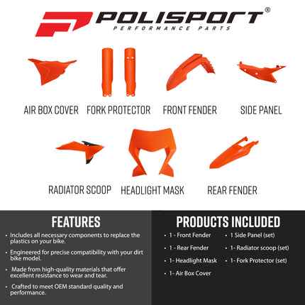 Polisport 91655 Full Plastic Bodywork Kit for KTM EXC, EXC-F, XC-W & XC-FW MY2026 (26->) Orange Replacement Plastics-Fenders, Radiator Scoops, Side Panels, Airbox Covers, Headlight Mask & Fork Guards