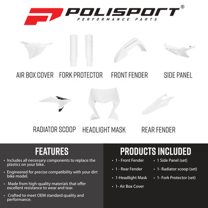 Polisport 91656 Full Plastic Kit for KTM EXC, EXC-F, XC-W & XC-FW 2026+ White – Complete Bodywork Set with Fenders, Radiator Scoops, Side Panels, Fork Guards, Airbox Cover and Headlight Mask