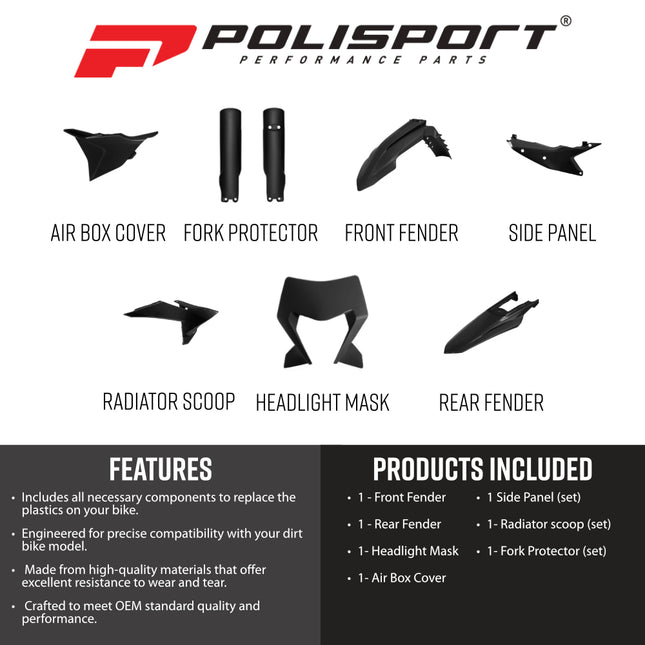 Polisport 91657 Full Plastic Kit with Mask – Fits KTM EXC/EXC‑F/XC‑W/XC‑FW 2026→ – Complete Bodywork Set with Fenders, Shrouds, Side Panels, Fork Protectors, Airbox Cover – Black