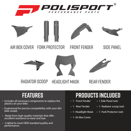 Polisport 91658 Full Plastic Kit – Fits KTM EXC/EXC‑F/XC‑W/XC‑FW 2026→ – Complete Bodywork Set with Fenders, Shrouds, Side Panels, Fork Guards, Mask,  Airbox Cover – Nardo Grey