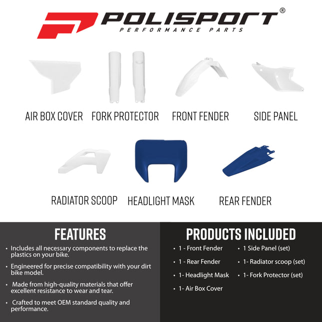 Polisport 91660 Full Plastics Kit for Husqvarna TE/FE (25→) – White/Blue OEM 2026 Color, Includes Fenders, Radiator Scoops, Headlight Mask, Side Panels, Fork Protectors, Airbox Cover, and More