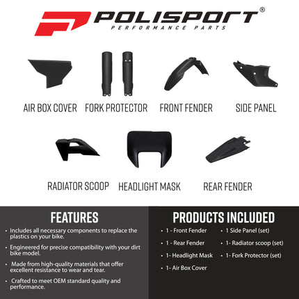 Polisport 91662 Full Plastic Kit for Husqvarna TE & FE 2025-2026 Black – Complete Bodywork Set with Fenders, Radiator Scoops, Side Panels, Airbox Cover, Fork Guards and Headlight Mask