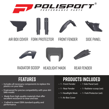 Polisport 91663 Full Plastic Kit – Fits Husqvarna TE/FE 2025-2026 Complete Replacement Bodywork Set with Fenders, Shrouds, Side Panels, Fork Guards, Headlight Mask, Airbox Cover – Nardo Grey