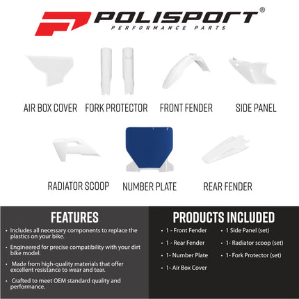 Polisport 91664 Full Plastic Kit for Husqvarna TC & FC 2025+ OEM 2026 White/Blue – Complete Bodywork Set with Fenders, Radiator Scoops, Side Panels, Number Plate, Airbox Cover and Fork Guards