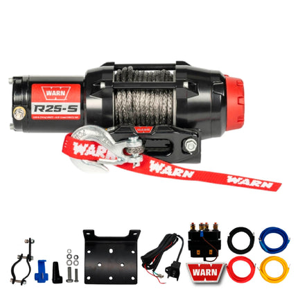 Warn R25-S Rope Winch - 2,500 lb. Pulling Capacity, equipped with 50’ of 3/16” synthetic rope & remote-mounted rocker switch - Fairlead for ATV, UTV, Side by Side, and SXS Recovery & Towing