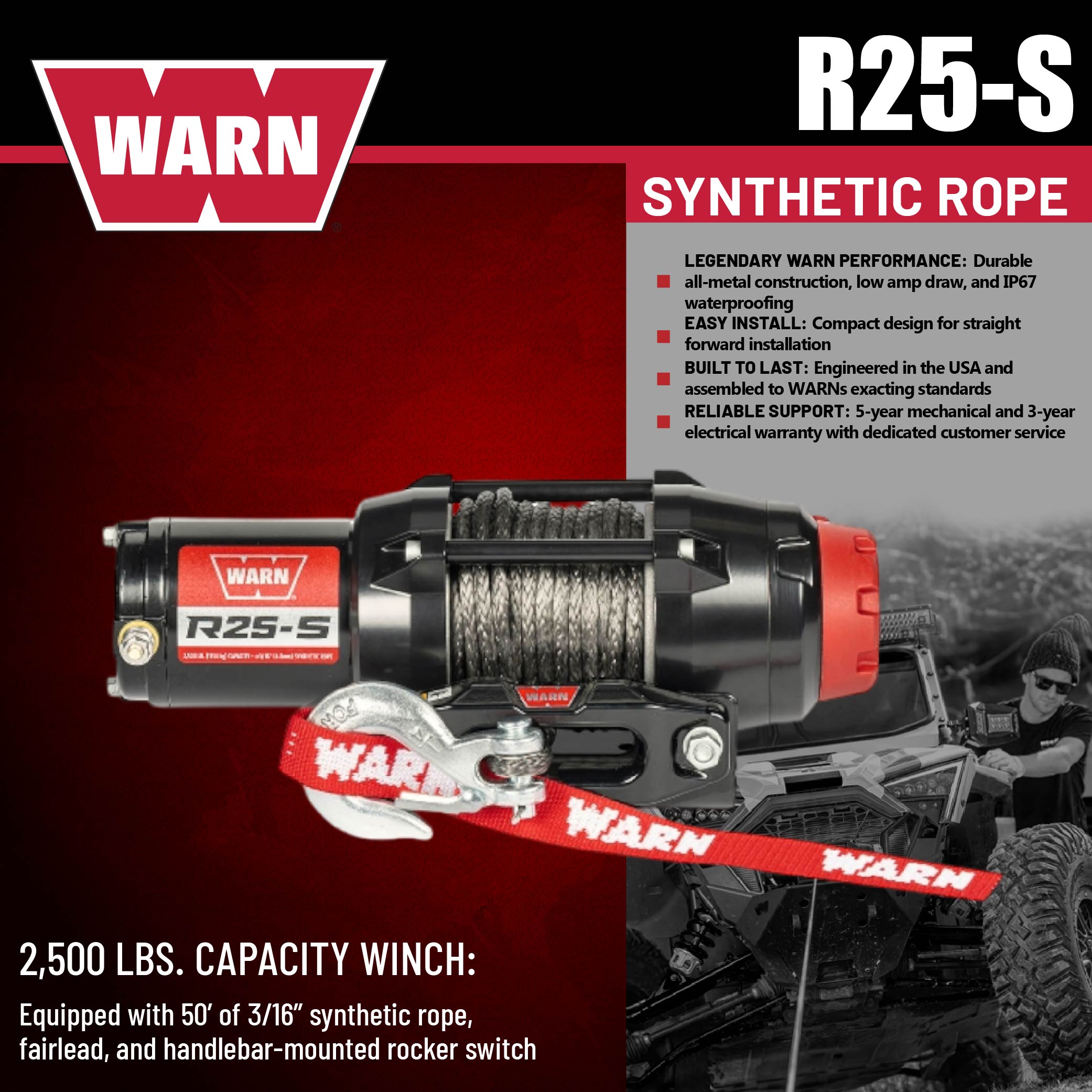 Warn R25-S Rope Winch - 2,500 lb. Pulling Capacity, equipped with 50’ of 3/16” synthetic rope & remote-mounted rocker switch - Fairlead for ATV, UTV, Side by Side, and SXS Recovery & Towing