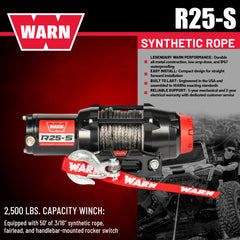 Warn R25-S Rope Winch - 2,500 lb. Pulling Capacity, equipped with 50’ of 3/16” synthetic rope & remote-mounted rocker switch - Fairlead for ATV, UTV, Side by Side, and SXS Recovery & Towing
