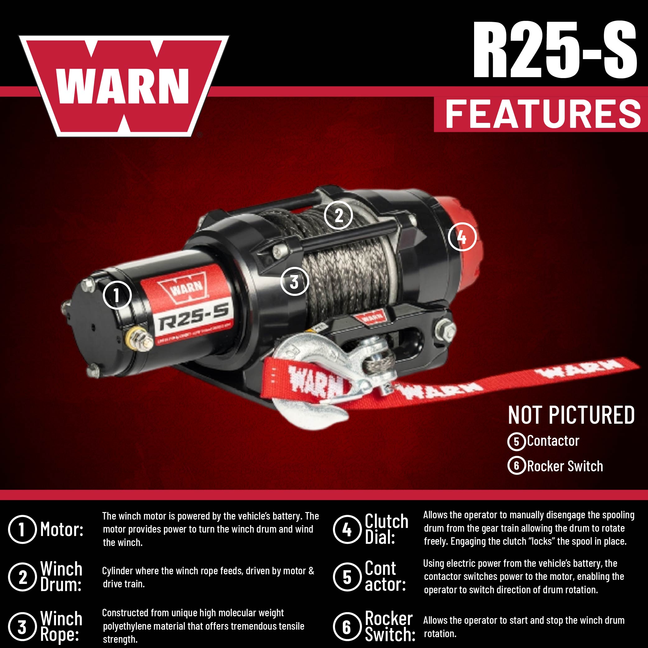 Warn R25-S Rope Winch - 2,500 lb. Pulling Capacity, equipped with 50’ of 3/16” synthetic rope & remote-mounted rocker switch - Fairlead for ATV, UTV, Side by Side, and SXS Recovery & Towing