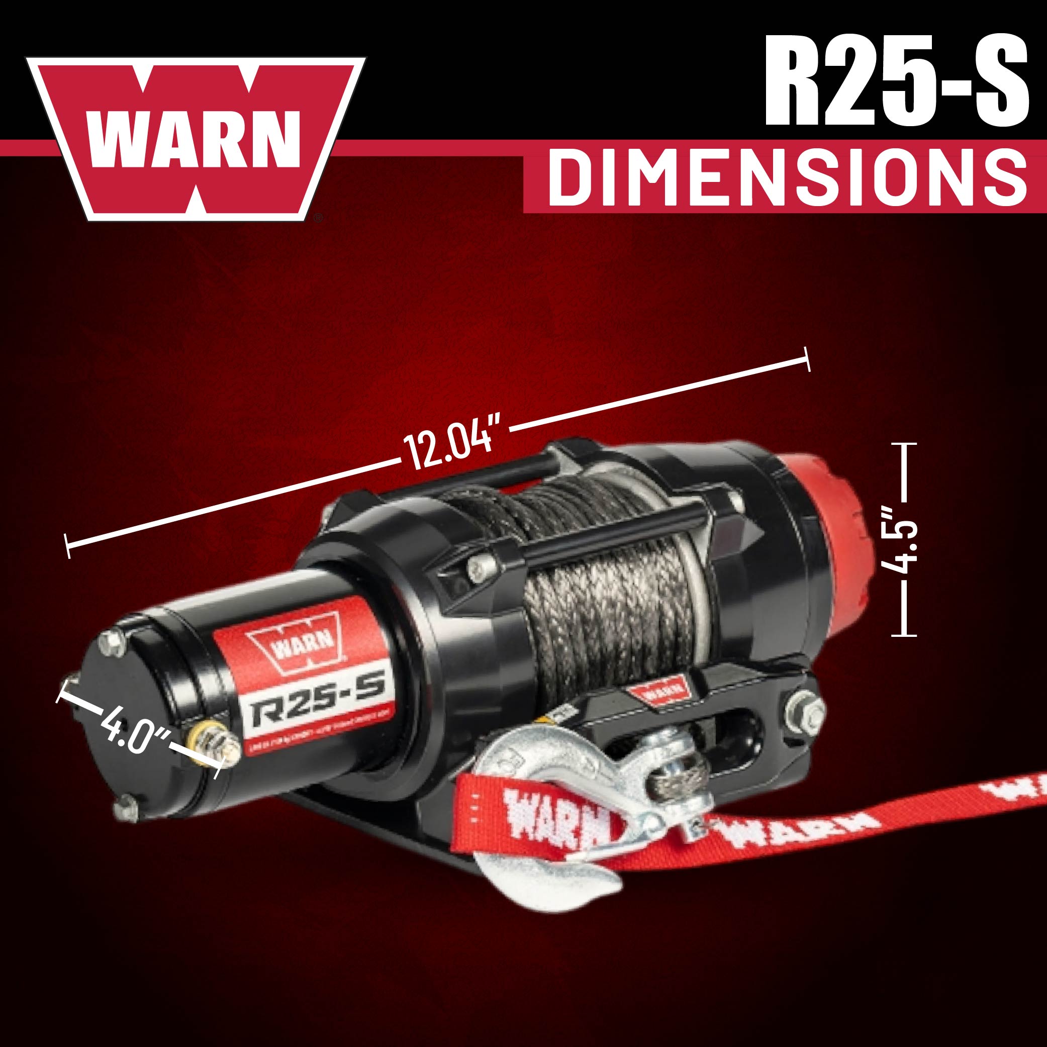 Warn R25-S Rope Winch - 2,500 lb. Pulling Capacity, equipped with 50’ of 3/16” synthetic rope & remote-mounted rocker switch - Fairlead for ATV, UTV, Side by Side, and SXS Recovery & Towing