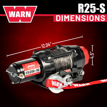 Warn R25-S Rope Winch - 2,500 lb. Pulling Capacity, equipped with 50’ of 3/16” synthetic rope & remote-mounted rocker switch - Fairlead for ATV, UTV, Side by Side, and SXS Recovery & Towing
