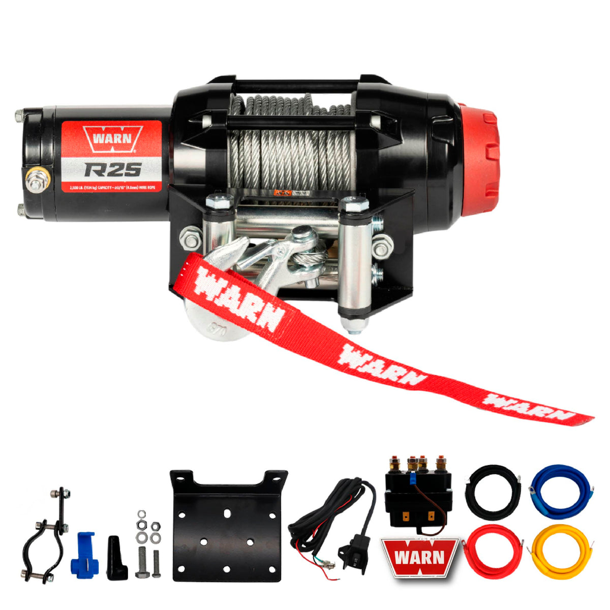 Warn R25 Wire Rope Winch – 2,500 lb Pulling Capacity, equipped with 50’ of 3/16” steel rope & remote-mounted rocker switch - Roller fairlead for ATV, UTV, Side by Side, and SXS Recovery & Towing