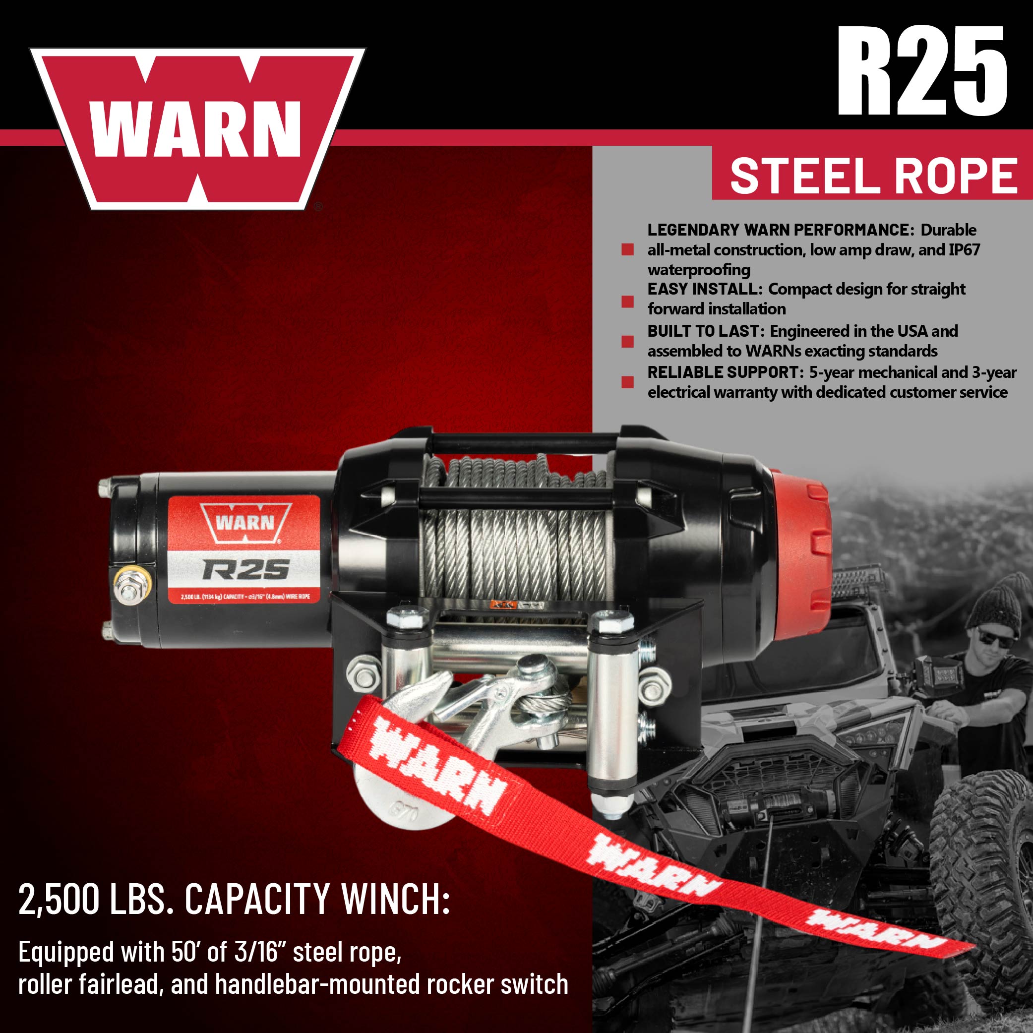 Warn R25 Wire Rope Winch – 2,500 lb Pulling Capacity, equipped with 50’ of 3/16” steel rope & remote-mounted rocker switch - Roller fairlead for ATV, UTV, Side by Side, and SXS Recovery & Towing