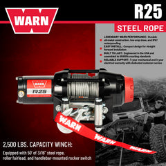 Warn R25 Wire Rope Winch – 2,500 lb Pulling Capacity, equipped with 50’ of 3/16” steel rope & remote-mounted rocker switch - Roller fairlead for ATV, UTV, Side by Side, and SXS Recovery & Towing
