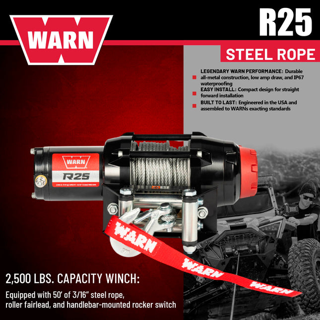 Warn R25 Wire Rope Winch – 2,500 lb Pulling Capacity, equipped with 50’ of 3/16” steel rope & remote-mounted rocker switch - Roller fairlead for ATV, UTV, Side by Side, and SXS Recovery & Towing