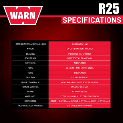 Warn R25 Wire Rope Winch – 2,500 lb Pulling Capacity, equipped with 50’ of 3/16” steel rope & remote-mounted rocker switch - Roller fairlead for ATV, UTV, Side by Side, and SXS Recovery & Towing