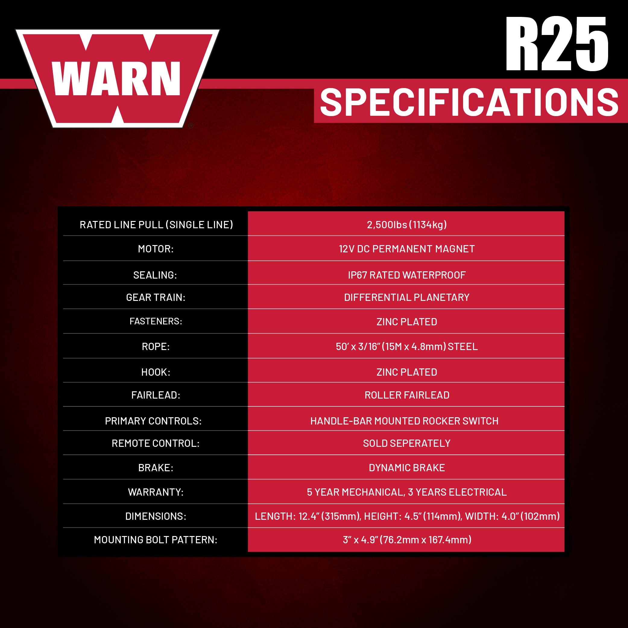 Warn R25 Wire Rope Winch – 2,500 lb Pulling Capacity, equipped with 50’ of 3/16” steel rope & remote-mounted rocker switch - Roller fairlead for ATV, UTV, Side by Side, and SXS Recovery & Towing
