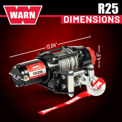 Warn R25 Wire Rope Winch – 2,500 lb Pulling Capacity, equipped with 50’ of 3/16” steel rope & remote-mounted rocker switch - Roller fairlead for ATV, UTV, Side by Side, and SXS Recovery & Towing
