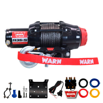 Warn R35-S Rope Winch - 3,500 lb. Pulling Capacity, equipped with 50’ of 7/32” synthetic rope & dash-mounted rocker switch - Fairlead for ATV, UTV, Side by Side, and SXS Recovery & Towing