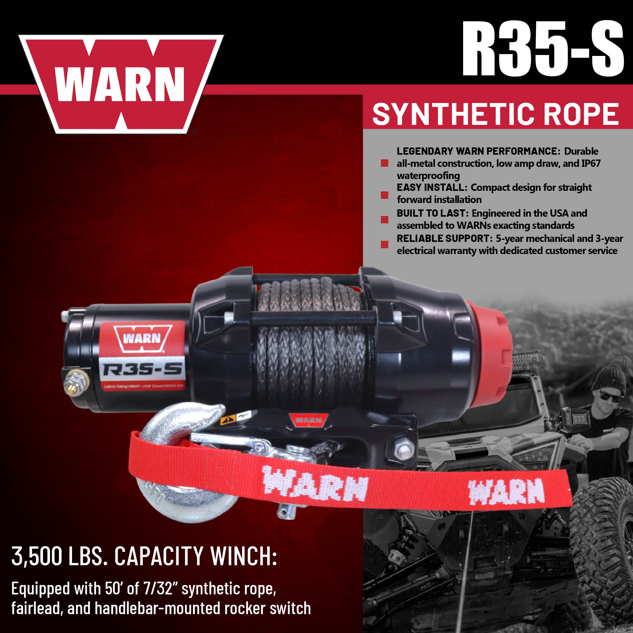 Warn R35-S Rope Winch - 3,500 lb. Pulling Capacity, equipped with 50’ of 7/32” synthetic rope & dash-mounted rocker switch - Fairlead for ATV, UTV, Side by Side, and SXS Recovery & Towing