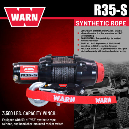 Warn R35-S Rope Winch - 3,500 lb. Pulling Capacity, equipped with 50’ of 7/32” synthetic rope & dash-mounted rocker switch - Fairlead for ATV, UTV, Side by Side, and SXS Recovery & Towing