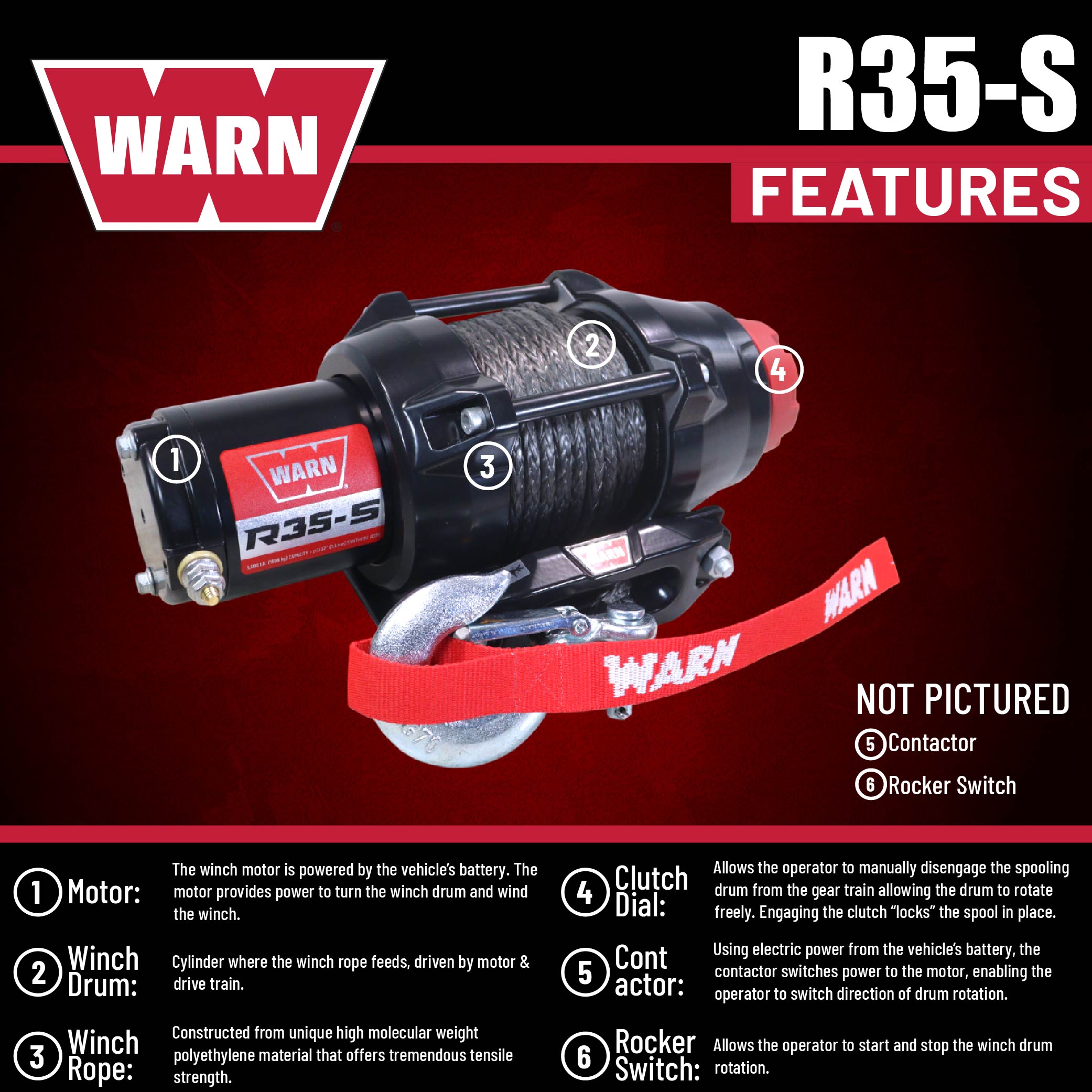 Warn R35-S Rope Winch - 3,500 lb. Pulling Capacity, equipped with 50’ of 7/32” synthetic rope & dash-mounted rocker switch - Fairlead for ATV, UTV, Side by Side, and SXS Recovery & Towing