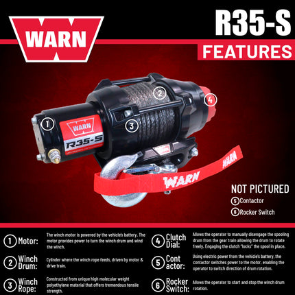 Warn R35-S Rope Winch - 3,500 lb. Pulling Capacity, equipped with 50’ of 7/32” synthetic rope & dash-mounted rocker switch - Fairlead for ATV, UTV, Side by Side, and SXS Recovery & Towing