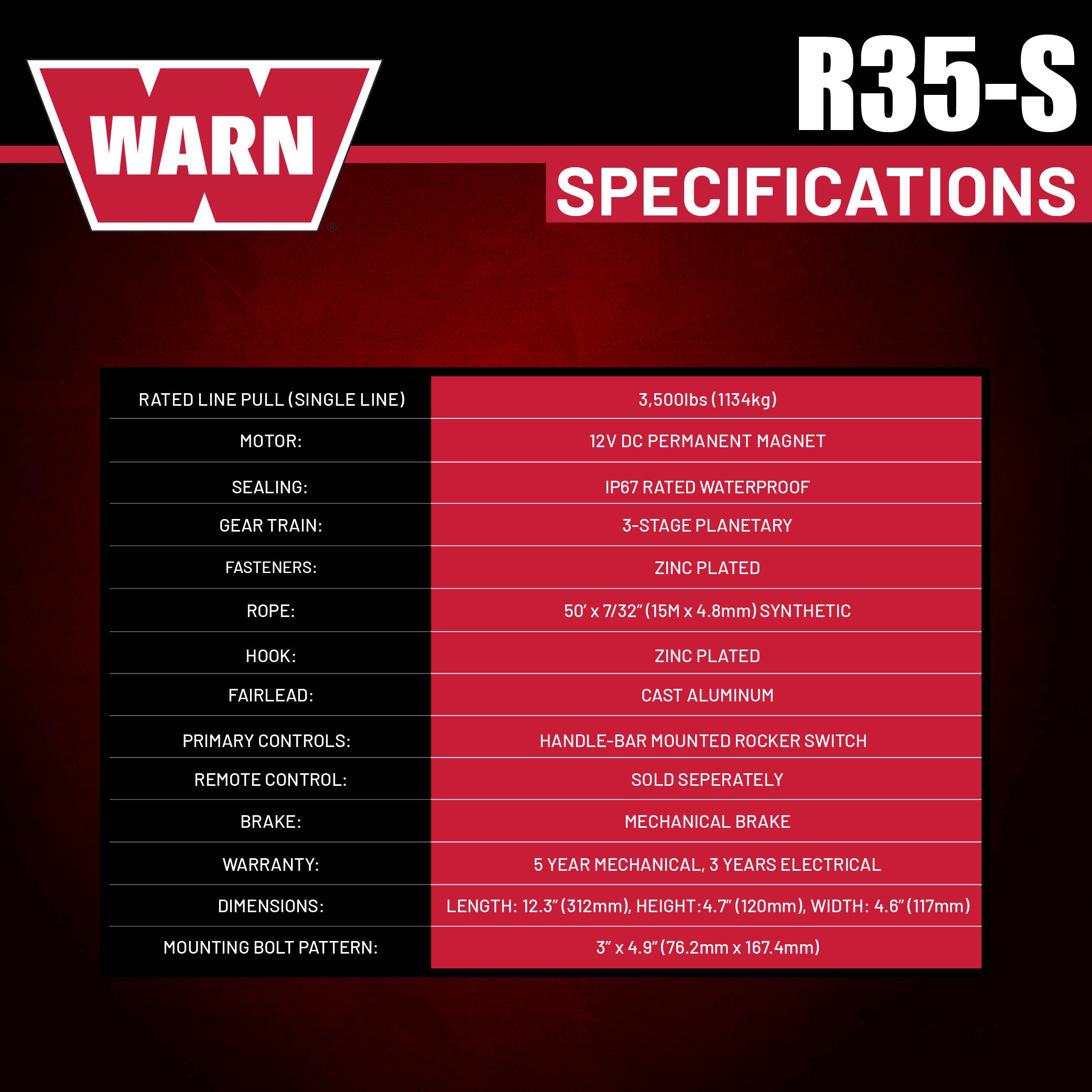Warn R35-S Rope Winch - 3,500 lb. Pulling Capacity, equipped with 50’ of 7/32” synthetic rope & dash-mounted rocker switch - Fairlead for ATV, UTV, Side by Side, and SXS Recovery & Towing