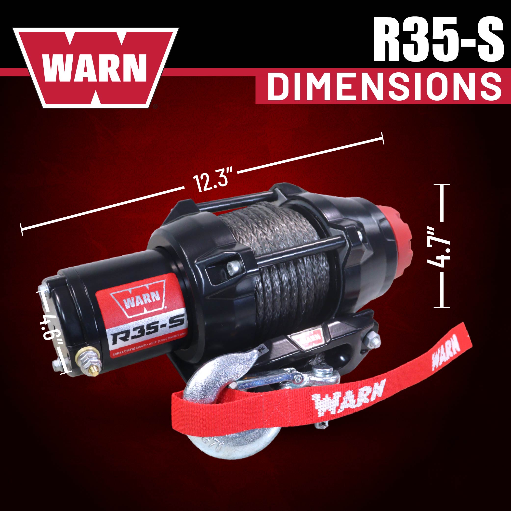 Warn R35-S Rope Winch - 3,500 lb. Pulling Capacity, equipped with 50’ of 7/32” synthetic rope & dash-mounted rocker switch - Fairlead for ATV, UTV, Side by Side, and SXS Recovery & Towing