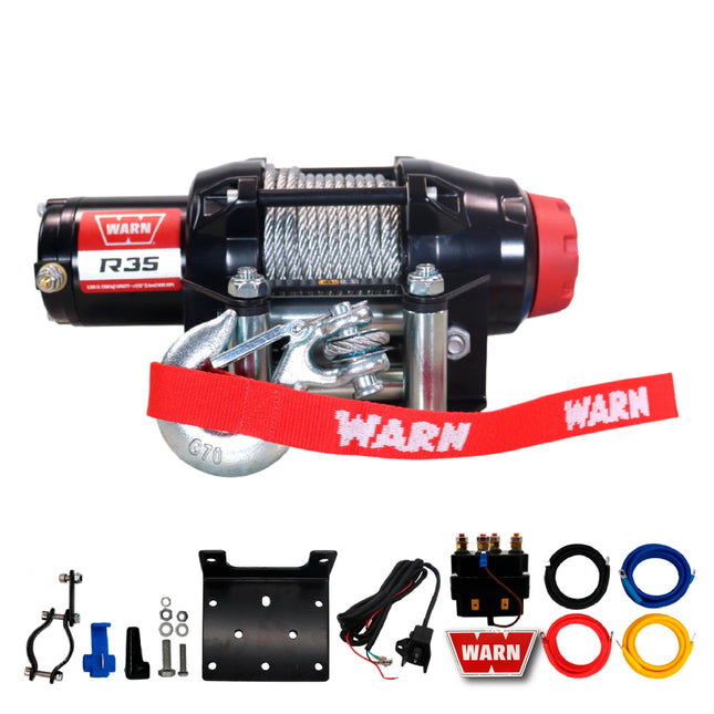 Warn R35 Wire Rope Winch - 3,500 lb. Pulling Capacity, equipped with 50’ of 7/32” steel rope & remote-mounted rocker switch - Fairlead for ATV, UTV, Side by Side, and SXS Recovery & Towing