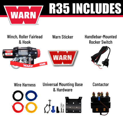 Warn R35 Wire Rope Winch - 3,500 lb. Pulling Capacity, equipped with 50’ of 7/32” steel rope & remote-mounted rocker switch - Fairlead for ATV, UTV, Side by Side, and SXS Recovery & Towing