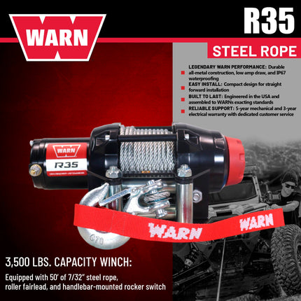 Warn R35 Wire Rope Winch - 3,500 lb. Pulling Capacity, equipped with 50’ of 7/32” steel rope & remote-mounted rocker switch - Fairlead for ATV, UTV, Side by Side, and SXS Recovery & Towing