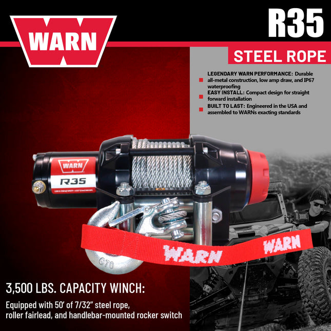 Warn R35 Wire Rope Winch - 3,500 lb. Pulling Capacity, equipped with 50’ of 7/32” steel rope & remote-mounted rocker switch - Fairlead for ATV, UTV, Side by Side, and SXS Recovery & Towing