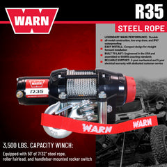 Warn R35 Wire Rope Winch - 3,500 lb. Pulling Capacity, equipped with 50’ of 7/32” steel rope & remote-mounted rocker switch - Fairlead for ATV, UTV, Side by Side, and SXS Recovery & Towing