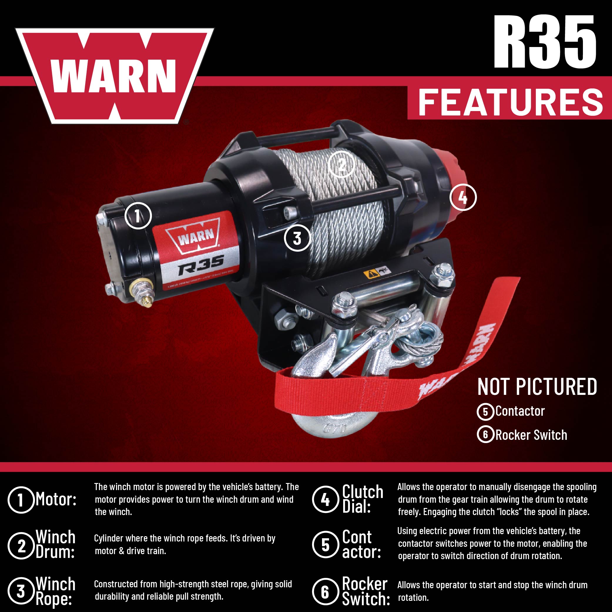 Warn R35 Wire Rope Winch - 3,500 lb. Pulling Capacity, equipped with 50’ of 7/32” steel rope & remote-mounted rocker switch - Fairlead for ATV, UTV, Side by Side, and SXS Recovery & Towing