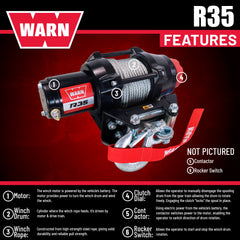 Warn R35 Wire Rope Winch - 3,500 lb. Pulling Capacity, equipped with 50’ of 7/32” steel rope & remote-mounted rocker switch - Fairlead for ATV, UTV, Side by Side, and SXS Recovery & Towing