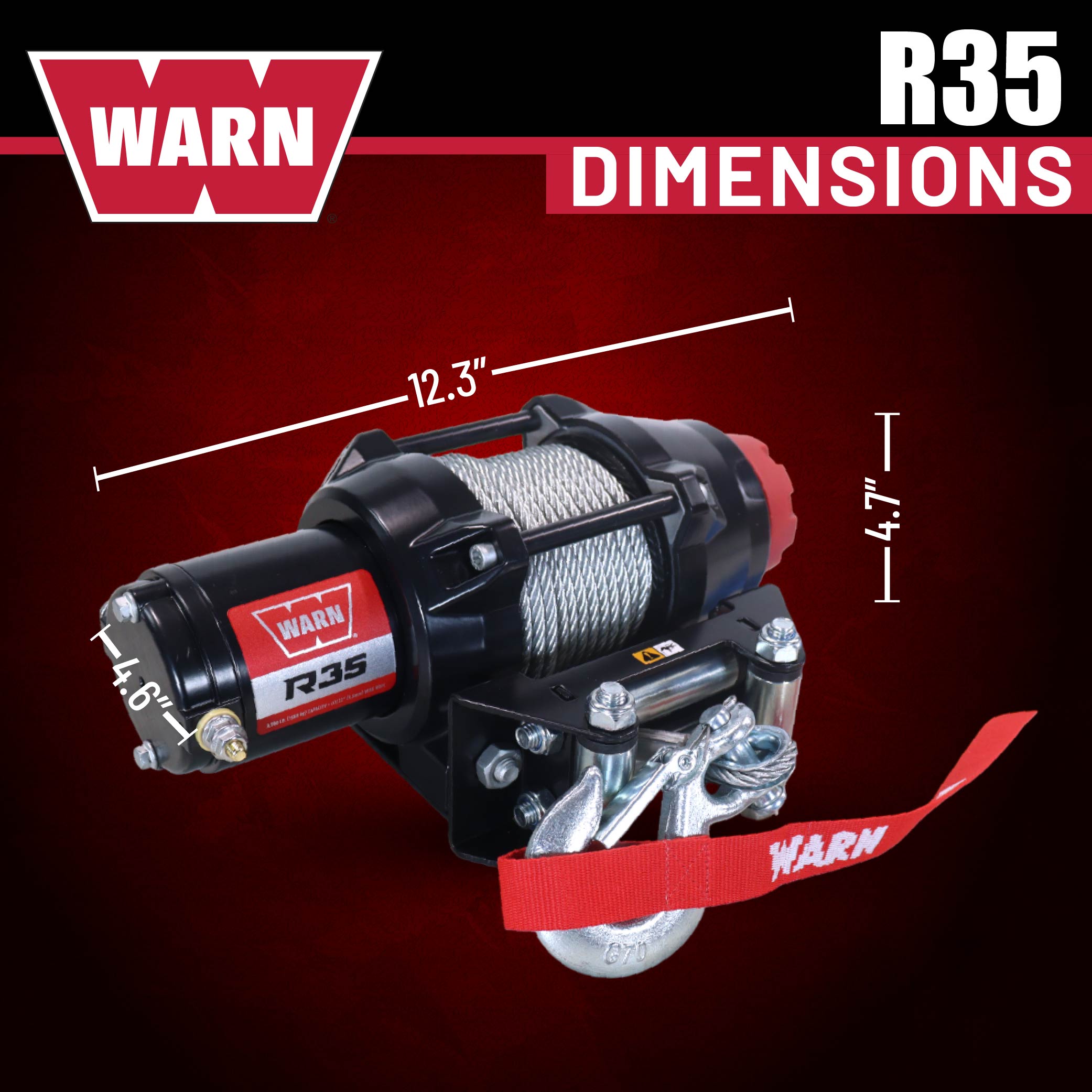 Warn R35 Wire Rope Winch - 3,500 lb. Pulling Capacity, equipped with 50’ of 7/32” steel rope & remote-mounted rocker switch - Fairlead for ATV, UTV, Side by Side, and SXS Recovery & Towing