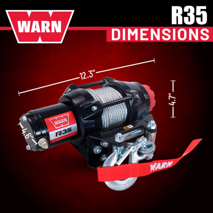Warn R35 Wire Rope Winch - 3,500 lb. Pulling Capacity, equipped with 50’ of 7/32” steel rope & remote-mounted rocker switch - Fairlead for ATV, UTV, Side by Side, and SXS Recovery & Towing
