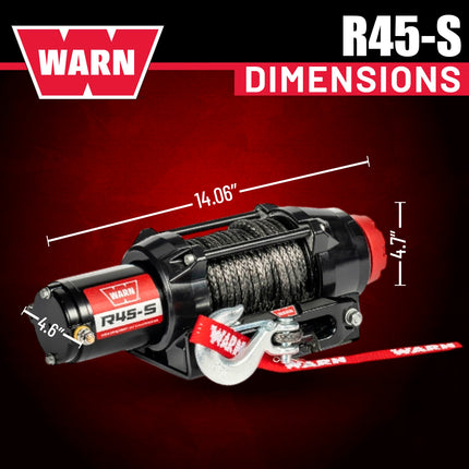Warn R45-S Rope Winch - 4,500 lb. Pulling Capacity, equipped with 50’ of 1/4” synthetic rope & dash-mounted rocker switch - Remote and Fairlead for ATV, UTV, Side by Side, and SXS Recovery & Towing