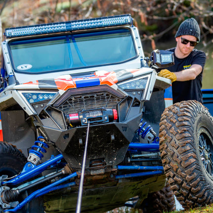 Warn R45-S Rope Winch - 4,500 lb. Pulling Capacity, equipped with 50’ of 1/4” synthetic rope & dash-mounted rocker switch - Remote and Fairlead for ATV, UTV, Side by Side, and SXS Recovery & Towing