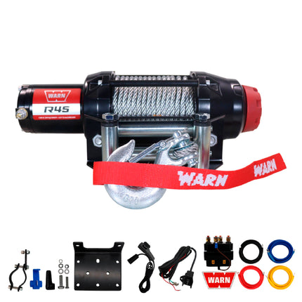 Warn R45 Wire Rope Winch - 4,500 lb. Pulling Capacity, equipped with 50’ of 1/4” steel rope and dash-mounted rocker switch - Corded remote/fairlead for ATV, UTV, Side by Side, and SXS Recovery/Towing